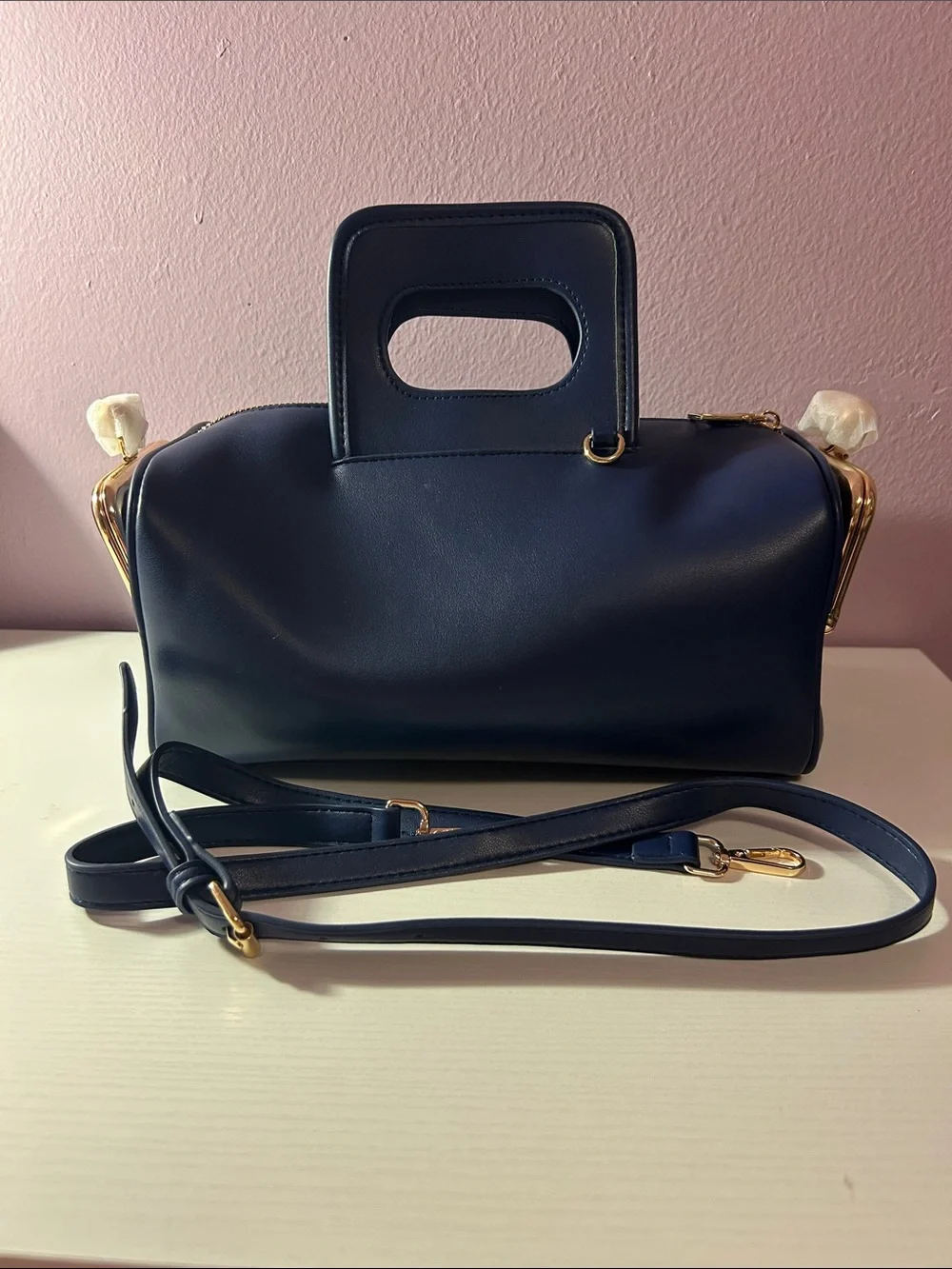 Navy PU Leather Top-Handle Satchel with Gold Hardware